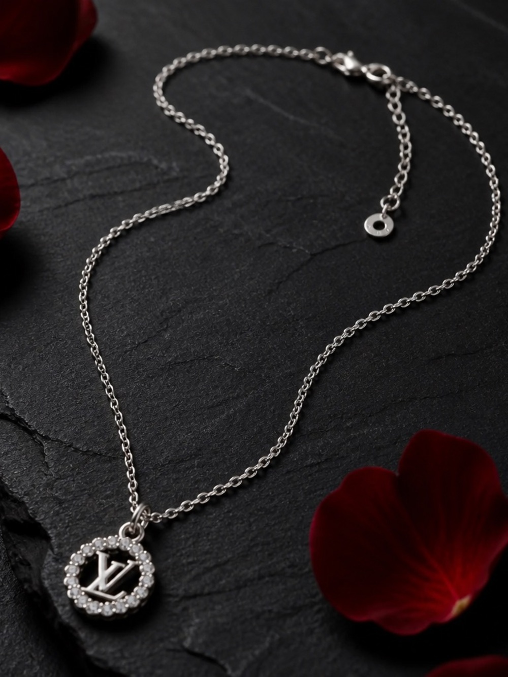 Silver Logo-Circle Pendant Necklace with Crystal Accent